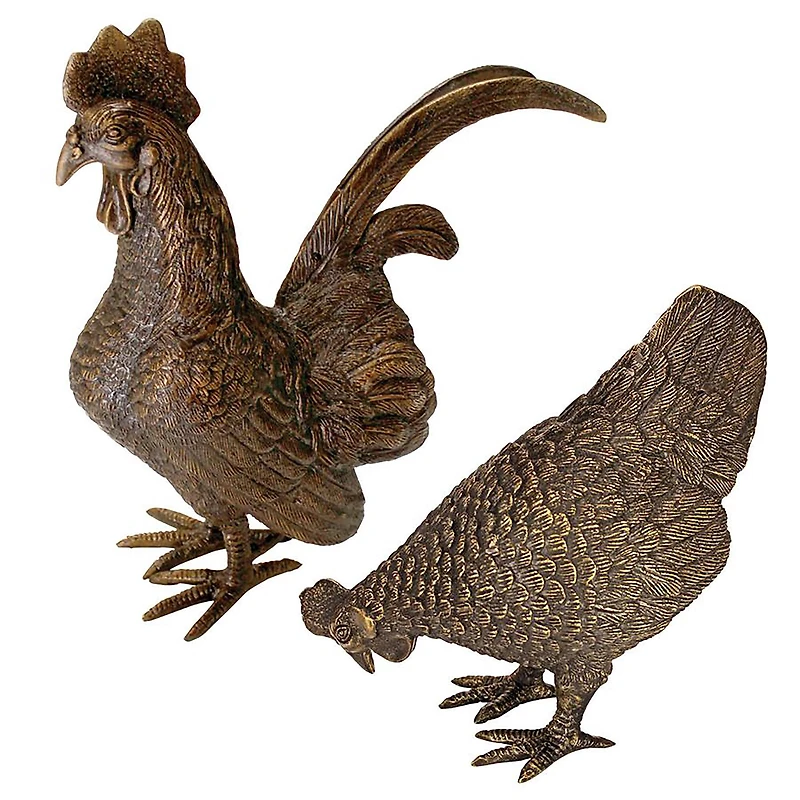 Design Toscano Barnyard Rooster & Hen Solid Cast Bronze Garden Statue Set