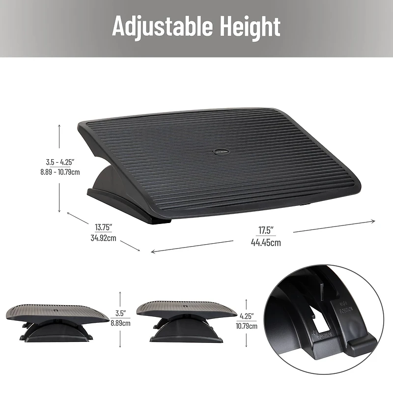 Mind Reader Foot Rest, Under Desk at Work, Ergonomic, Height Adjustable, Office, Plastic, Black