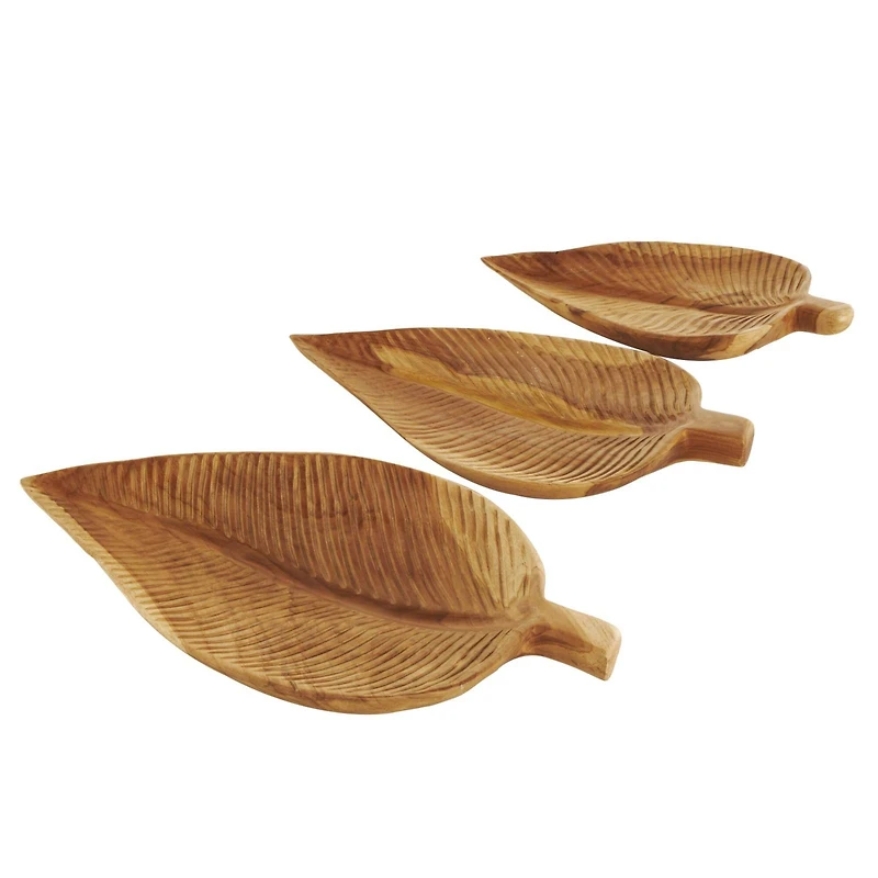 Brown Teak Wood Leaf Handmade Carved Texture Tray Set