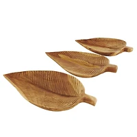 Brown Teak Wood Leaf Handmade Carved Texture Tray Set