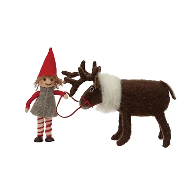 Hello Honey® 11" Multicolor Wool Felt Elf & Caribou Figurine