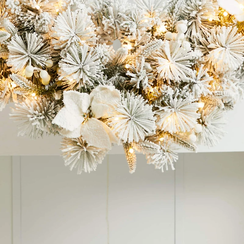 Glitzhome® 36" Pre-Lit Flocked Greenery Pine White Poinsettia & Berry Christmas Swag with Timer