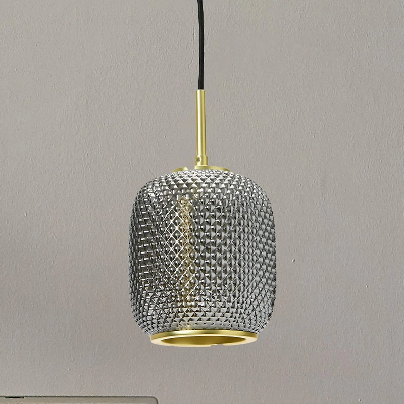 Hello Honey® Smoked Embossed Glass Shade Pendant Lamp with Brass Accents