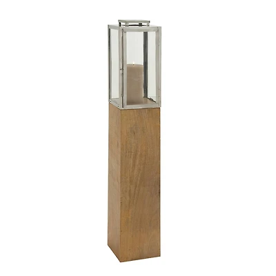 Brown Mango Wood Contemporary Candle Holder Lantern, 48" x 9" x 9"