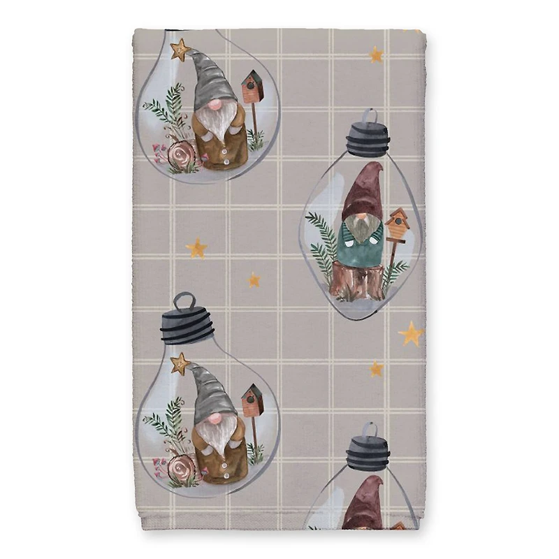 Welcome to our Cabin Gray and White Check Gnome Globe Pattern Tea Towel - Set of 2
