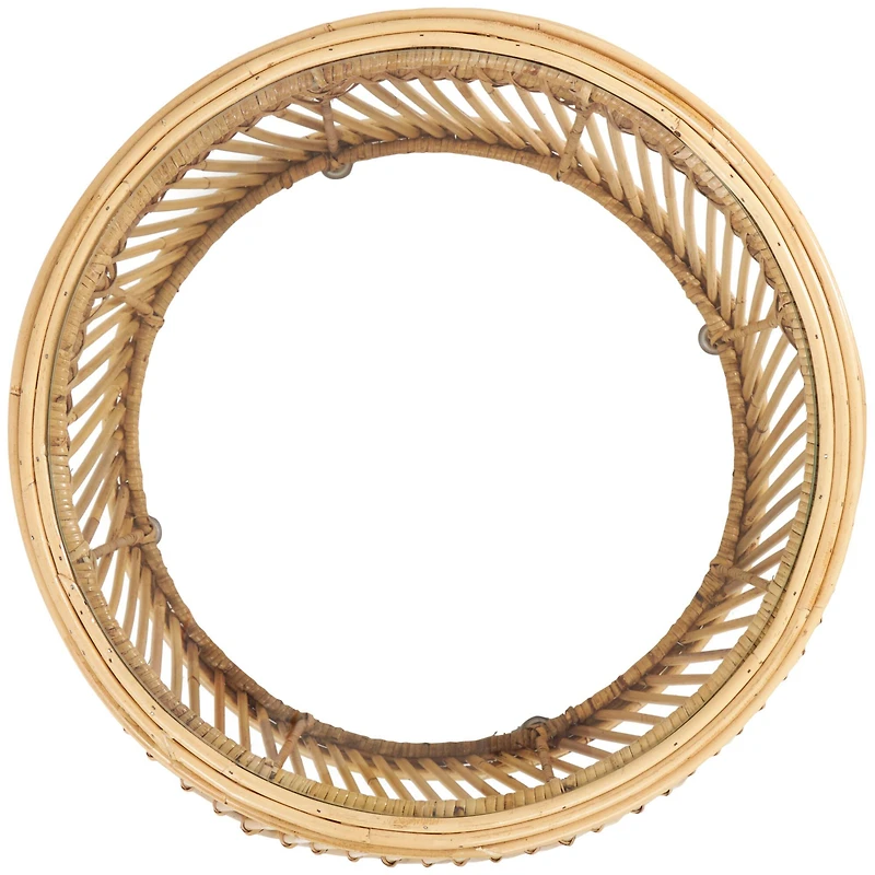 Brown Rattan Handmade Wavy Woven Accent Table with Glass Top