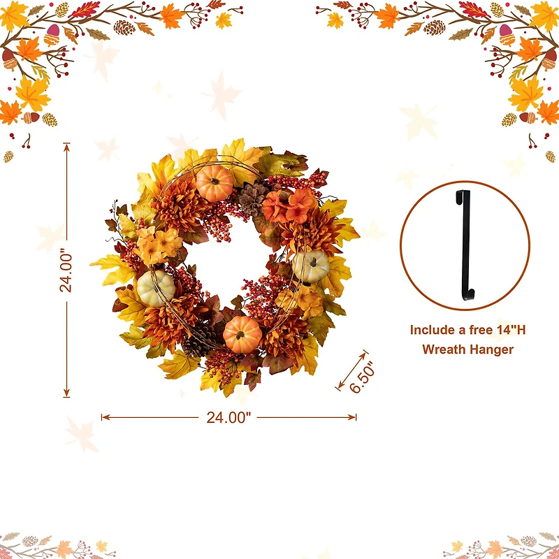 Glitzhome® 24" Fall Dahlia, Pumpkin, Leaf & Berry Wreath