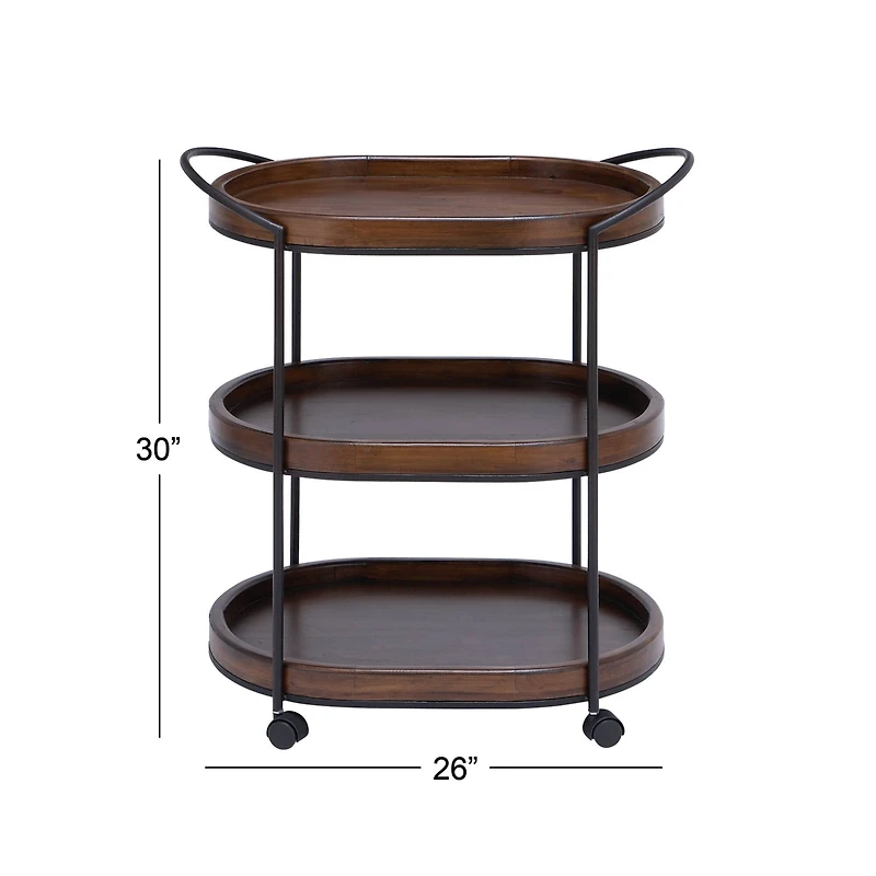 3-Tier Brown Pine & Metal Traditional Bar Cart