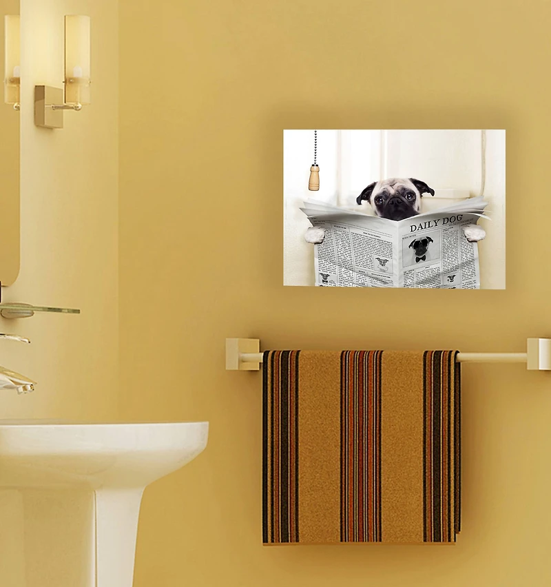 Stupell Industries Pug Reading Newspaper in Bathroom Wall Plaque