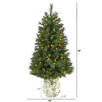 4.5ft. Pre-Lit West Virginia Mountain Pine Artificial Christmas Tree in Floral Planter, Clear Lights