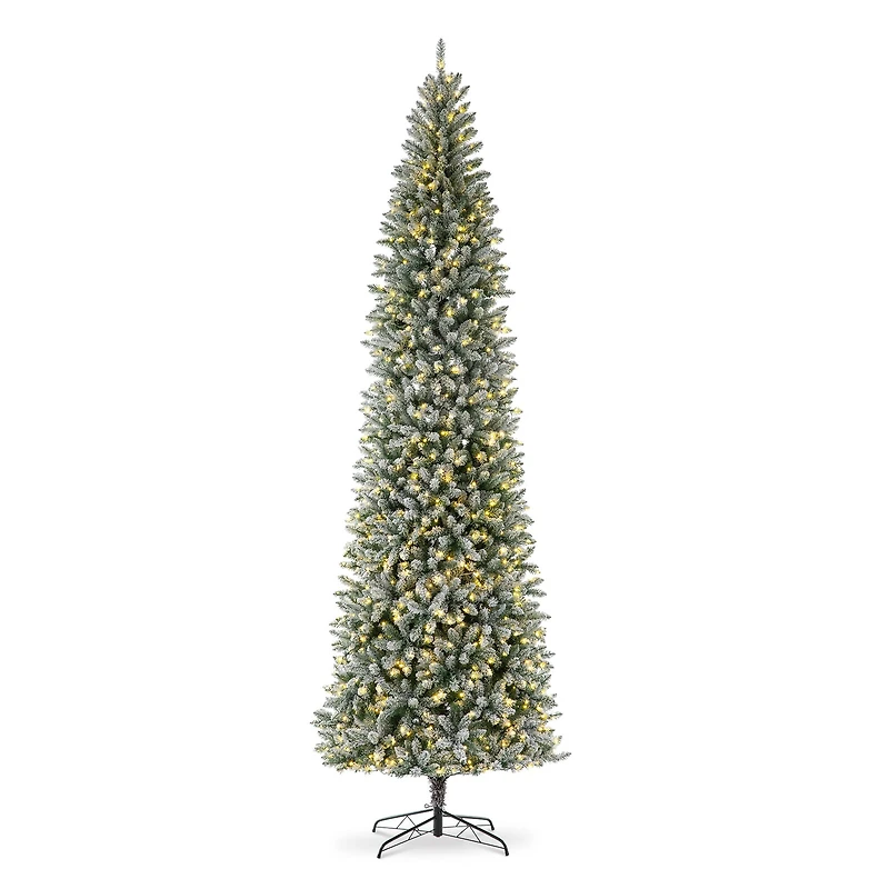11ft. Pre-Lit Flocked Fir Pencil Artificial Christmas Tree, Warm White LED Lights