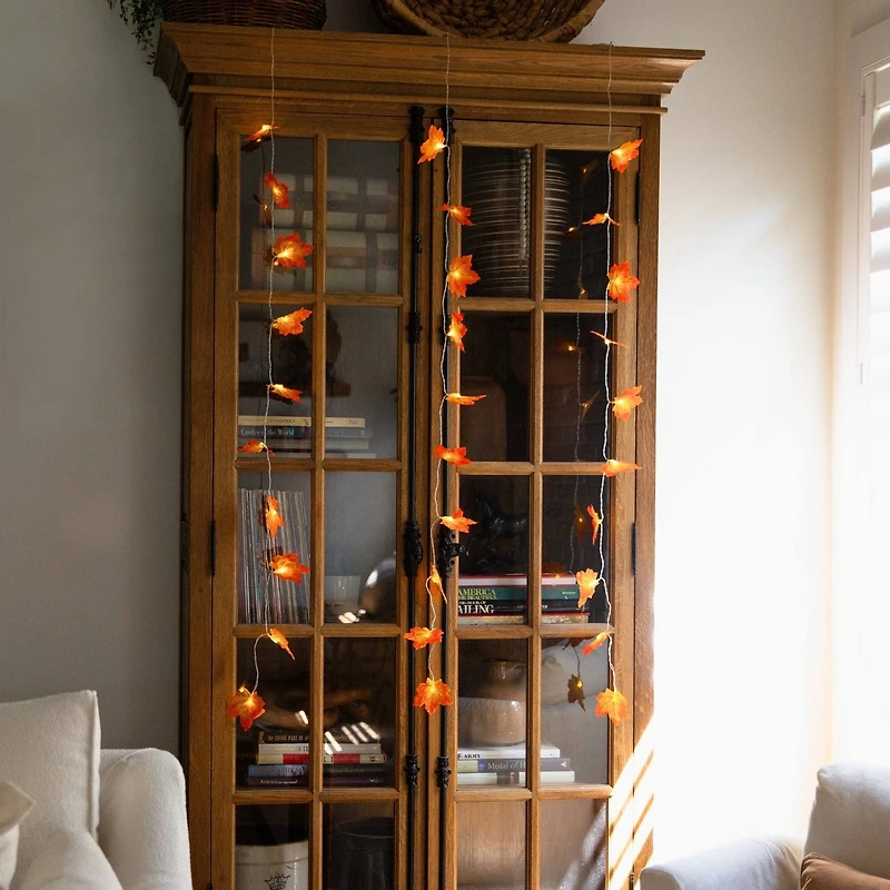 5ft. Pre-Lit Autumn Maple Leaf Artificial Fall Garland with 10 Warm White LED String Lights - Set of 3