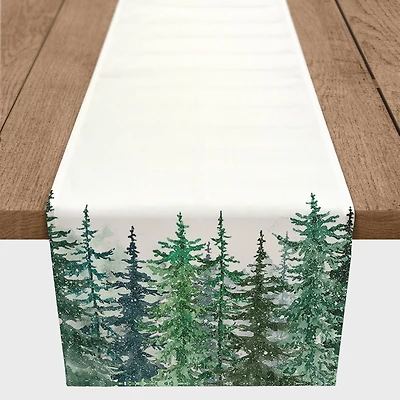 90" Winter Watercolor Pine Forest Poly Twill Table Runner