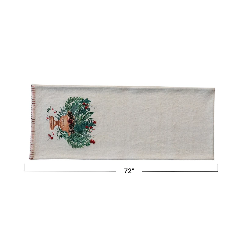 Hello Honey® 72" Hand-Embroidered Flowers in Urn Cotton Canvas Table Runner with Blanket-Stitch Edge