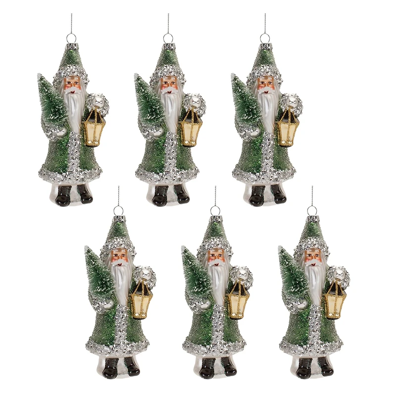 6.5" Green Glittered Glass Santa Ornaments, 6ct.