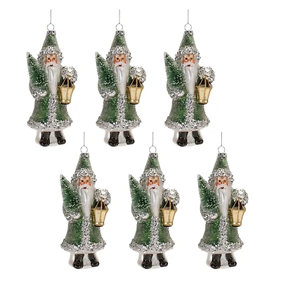 6.5" Green Glittered Glass Santa Ornaments, 6ct.