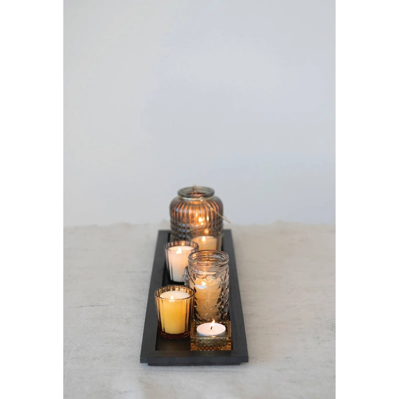 Hello Honey® Embossed Glass Votive Holders with Black Finish Wood Tray Set