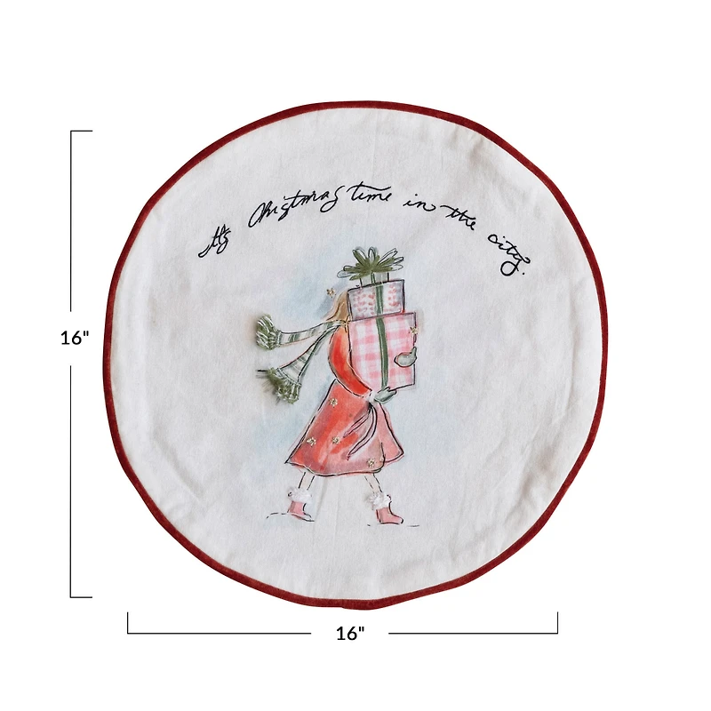 Hello Honey® 16" Round Printed Cotton Pillow with Holiday Girl, Piping & Velvet Back