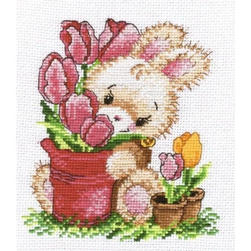Oven Rabbit With Tulips Cross Stitch Kit