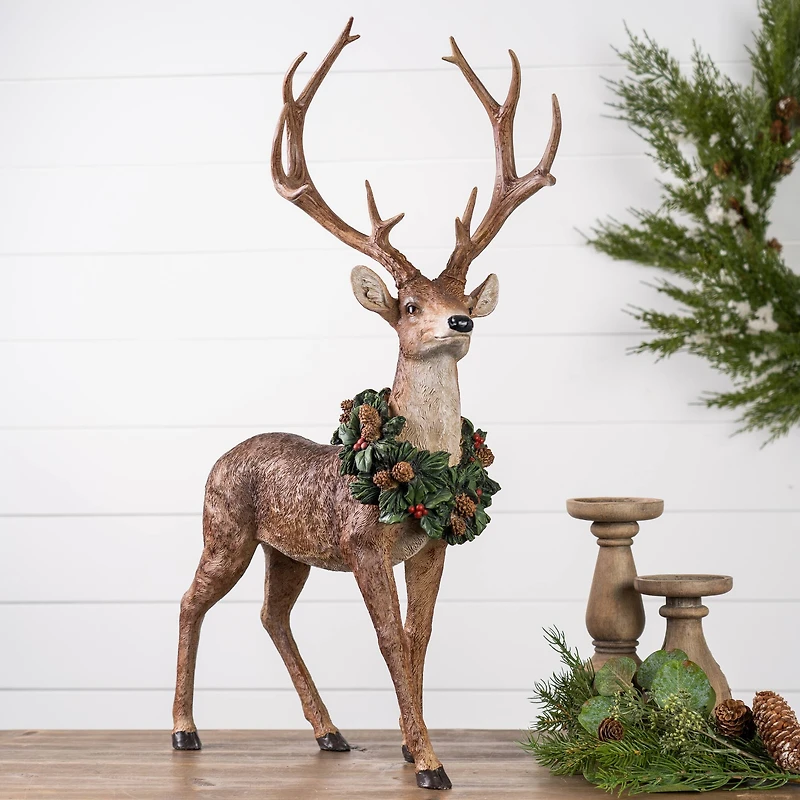 Deer with Wreath Figurine Set, 28" & 28.5"