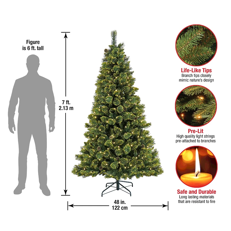7ft. Pre-Lit Maine Pine Artificial Christmas Tree, Warm White LED Lights