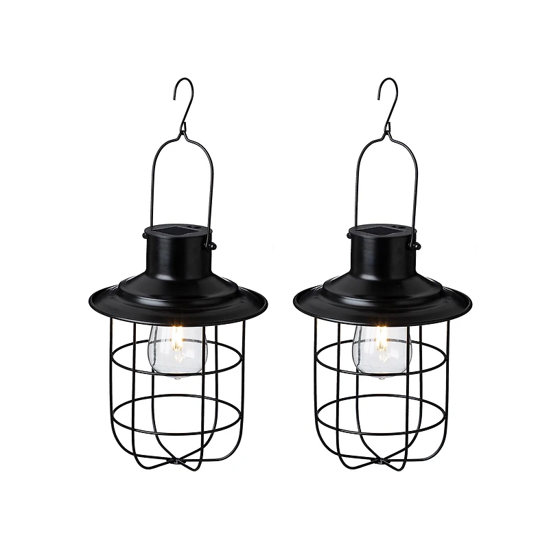 Glitzhome® 9.75" Black Metal Wire Solar Powered Hanging Lantern, 2ct.