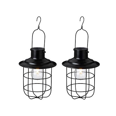 Glitzhome® 9.75" Black Metal Wire Solar Powered Hanging Lantern, 2ct.