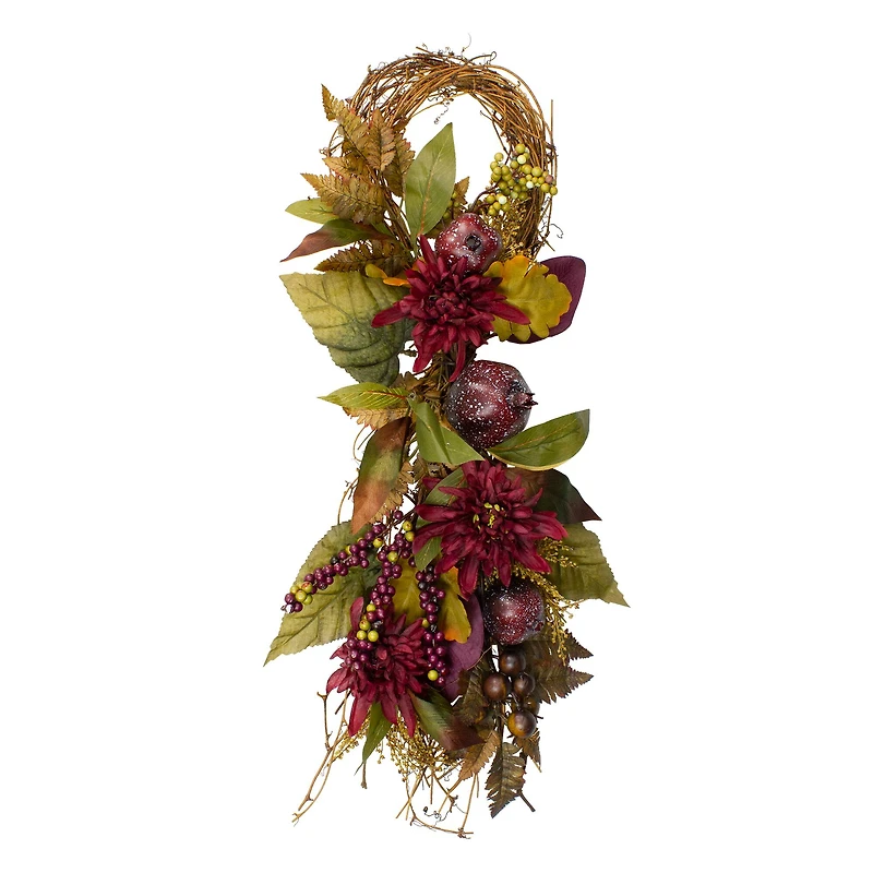 2.3ft. Autumn Harvest Mums with Pomegranate Autumn Grapevine Teardrop Swag