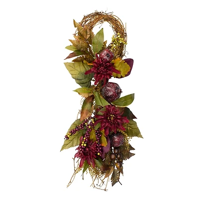 2.3ft. Autumn Harvest Mums with Pomegranate Autumn Grapevine Teardrop Swag