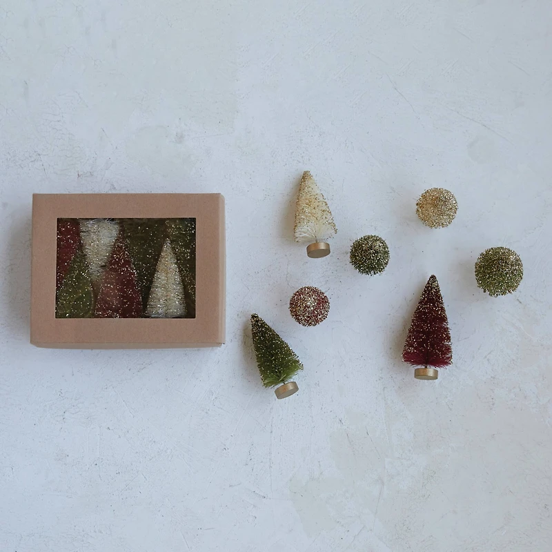 Hello Honey® Sisal Bottle Brush Tree Set with Gold Finish Wood Bases & Glitter