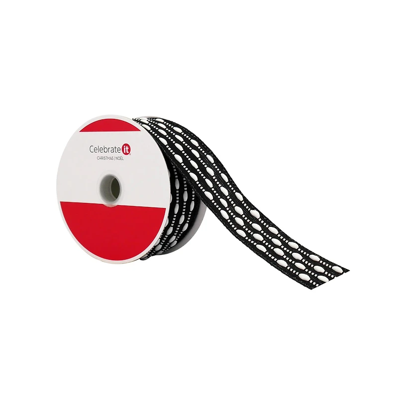 1.5" x 25ft. Black & White Stitch Wired Taffeta Ribbon by Celebrate It®