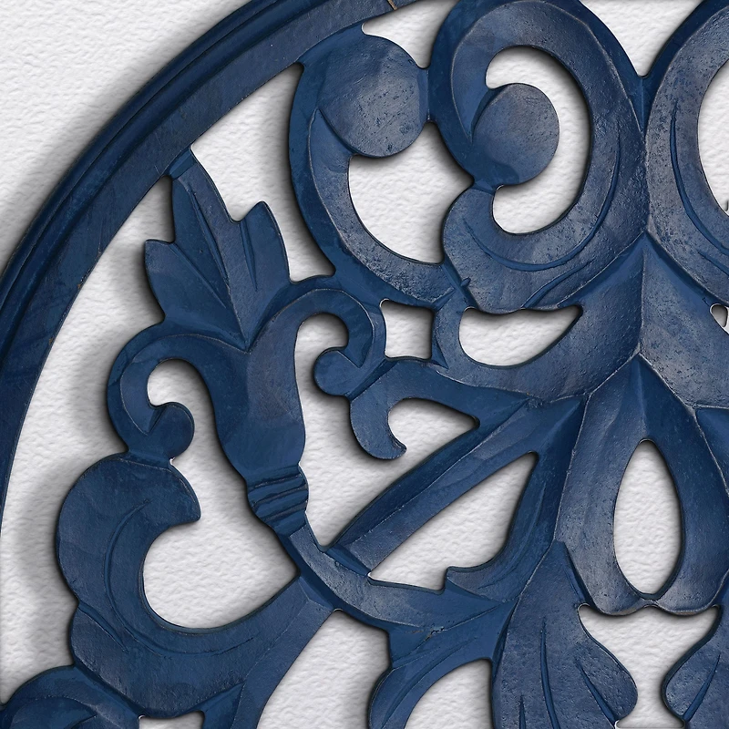 American Art Décor™ 36" Hand-Carved Arched Navy Blue Wood Wall Accent Medallion
