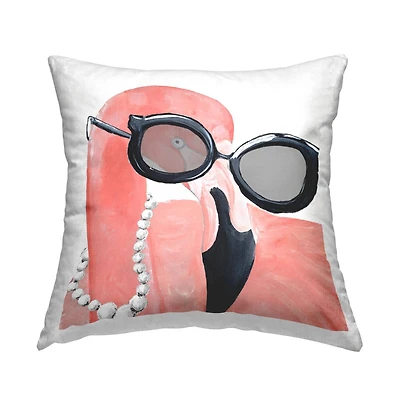 Stupell Industries Glam Fashion Pink Flamingo Sunglasses Pearls Bird Throw Pillow 18" x 18"