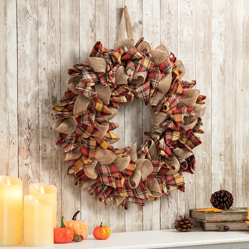 Glitzhome® 18.5" Fall Plaid Fabric Wreath
