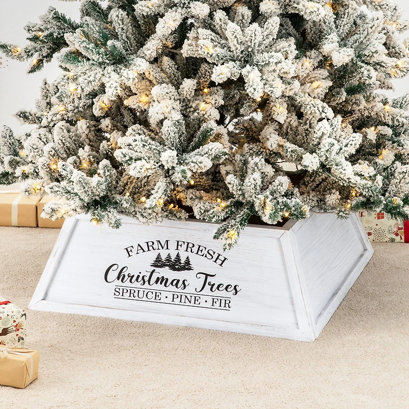 Glitzhome® White 26" Farm Fresh Christmas Trees Wooden Trapezoid Tree Collar