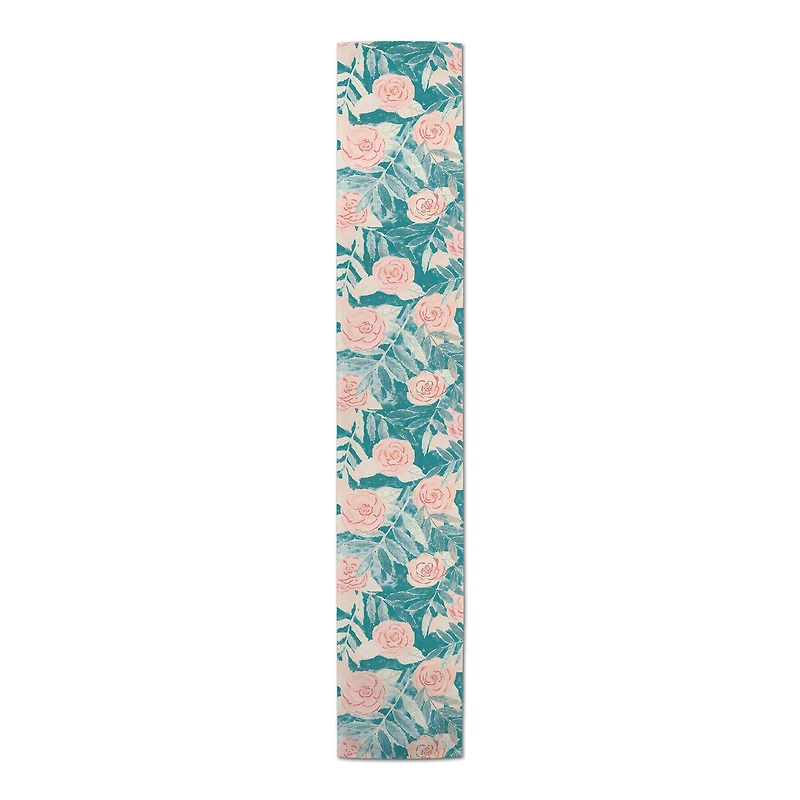 Teal And Pink Flowers Indoor/Outdoor Table Runner