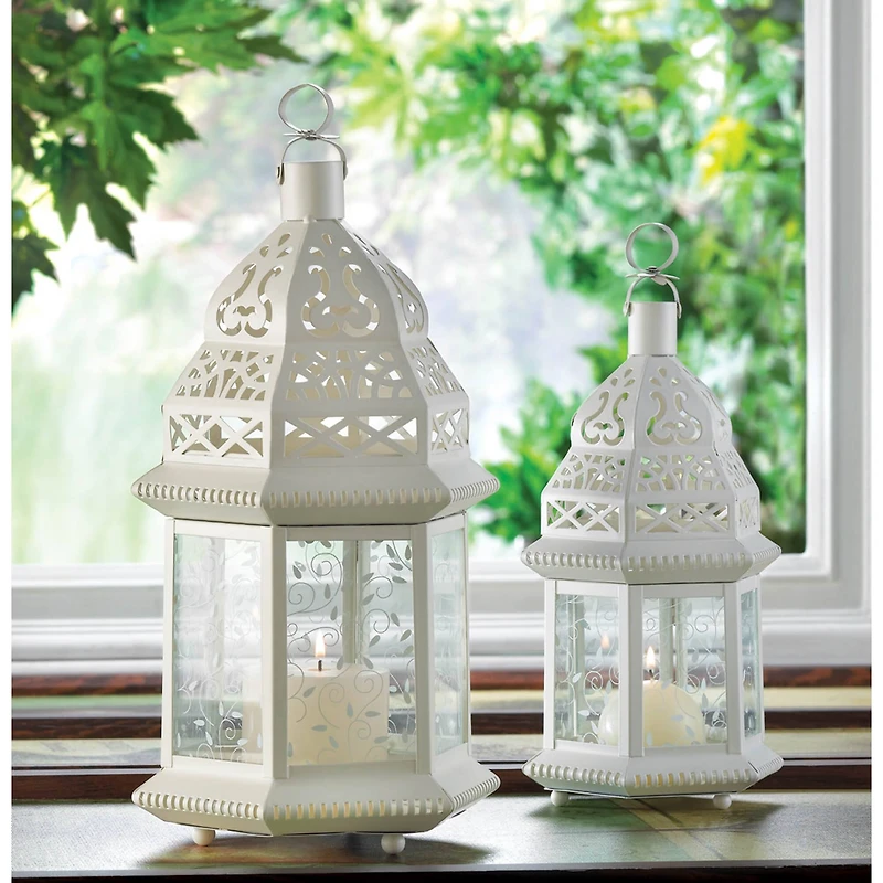 15" White Metal Moroccan Style Hanging Candle Lantern with Etched Floral