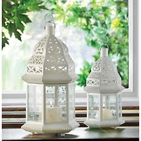 15" White Metal Moroccan Style Hanging Candle Lantern with Etched Floral