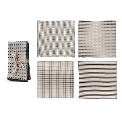 Hello Honey® Black & Natural Mixed Pattern Cotton Fabric Napkin Set with Red & Green Stitched Edges