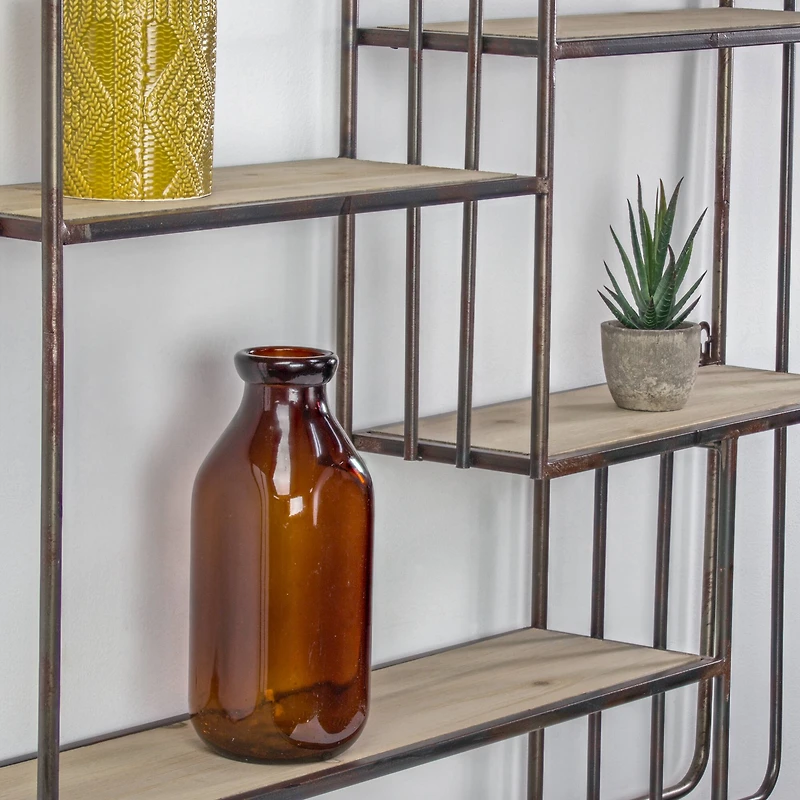 Rustic Wood & Metal Multi-Unit Hanging Wall Shelf