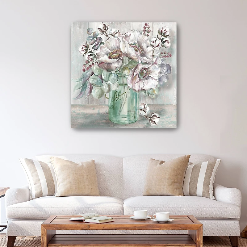 Blush Poppies And Eucalyptus In Mason Jar Canvas Giclee