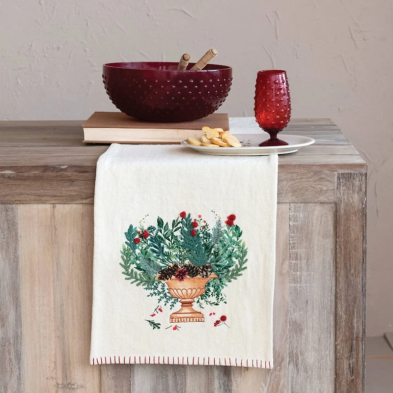Hello Honey® 72" Hand-Embroidered Flowers in Urn Cotton Canvas Table Runner with Blanket-Stitch Edge
