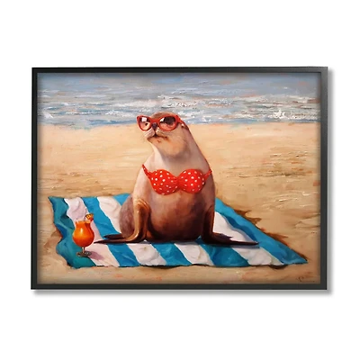 Stupell Industries Polka Dot Bikini Sea Lion Tropical Drink Beach Scene Framed Wall Art
