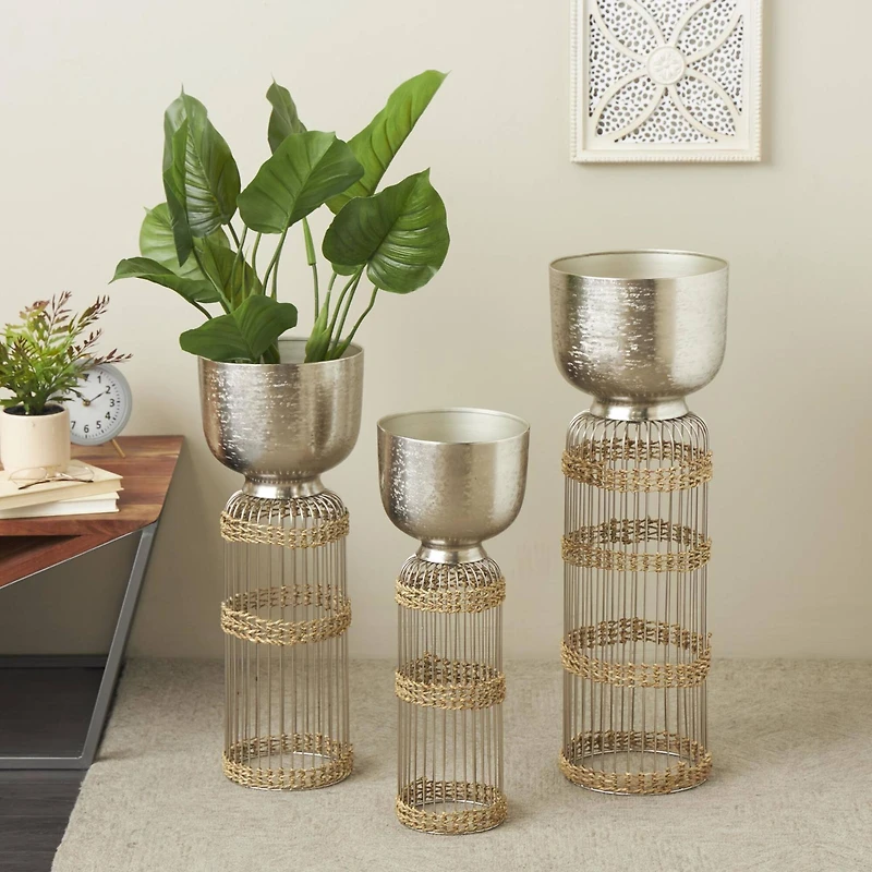 Silver Textured Rounded Dome Metal Planter Set