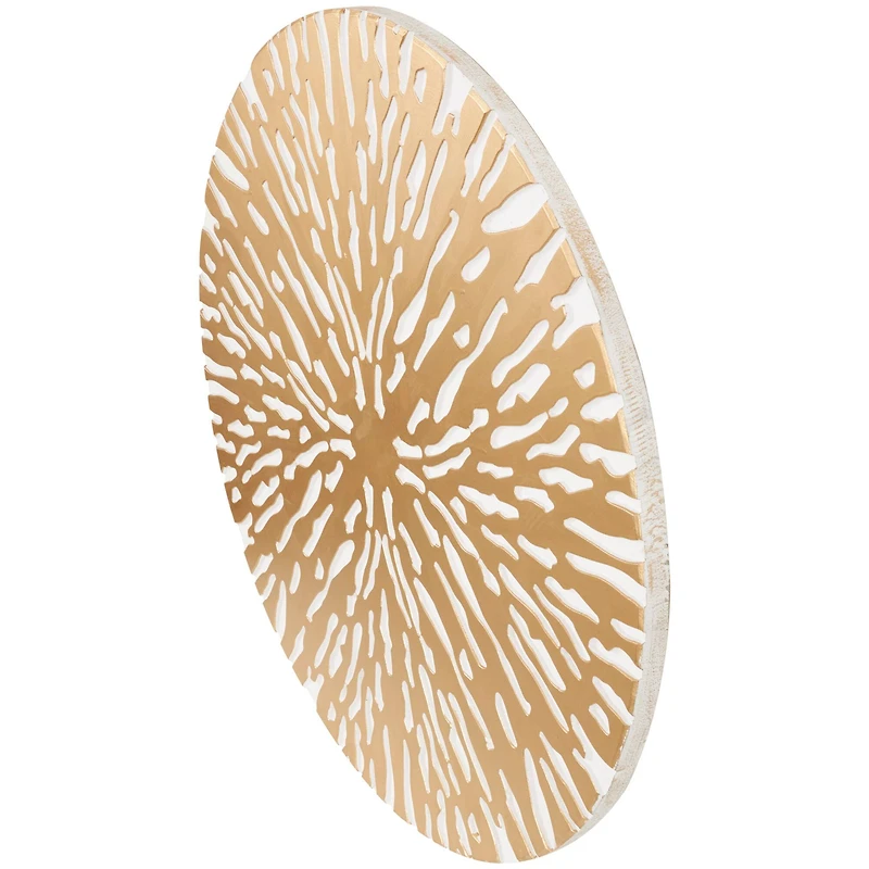36" x 36" Gold Wooden Starburst Abstract Carved Circle Wall Décor with White Backing