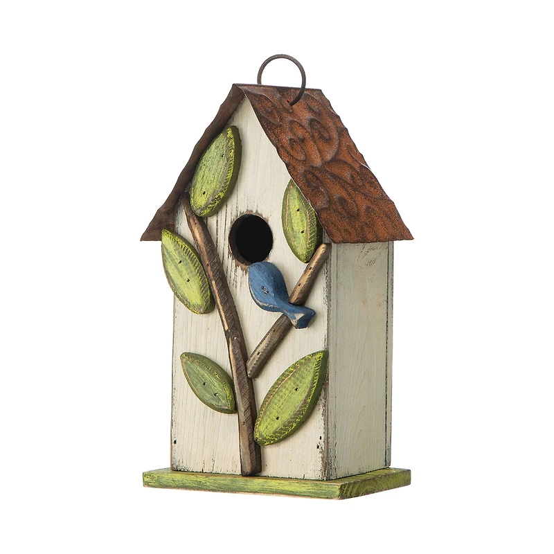 Glitzhome® 9.75" White Distressed Bird & Tree Birdhouse