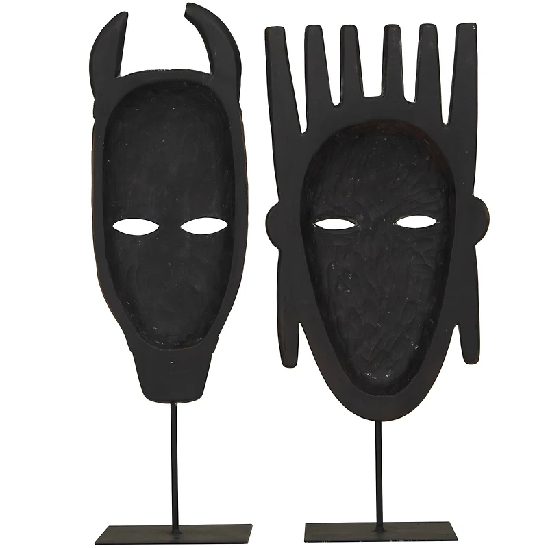 Black Polystone Handmade Carved Mask Sculpture Set