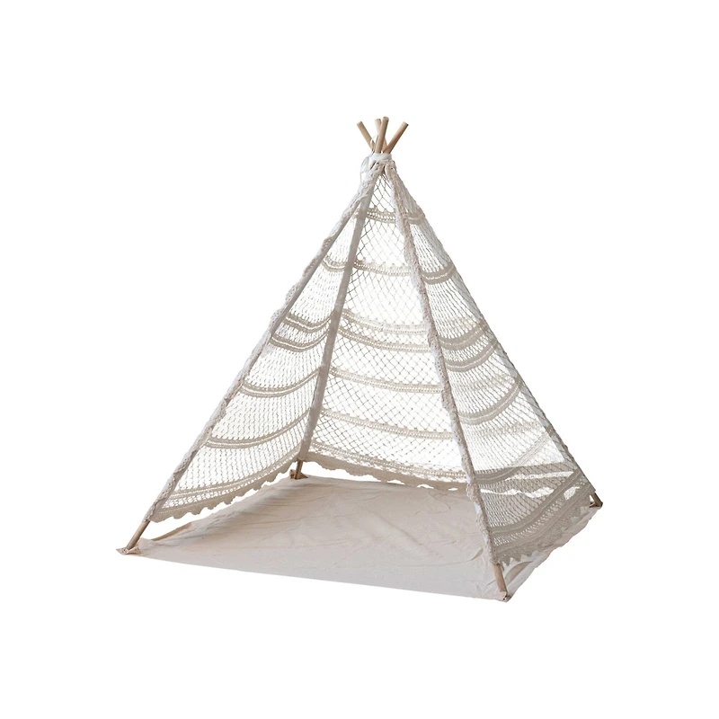 Hello Honey® 43.5" Natural Reclaimed Cotton Crocheted & Teakwood Teepee with Mat