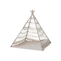 Hello Honey® 43.5" Natural Reclaimed Cotton Crocheted & Teakwood Teepee with Mat