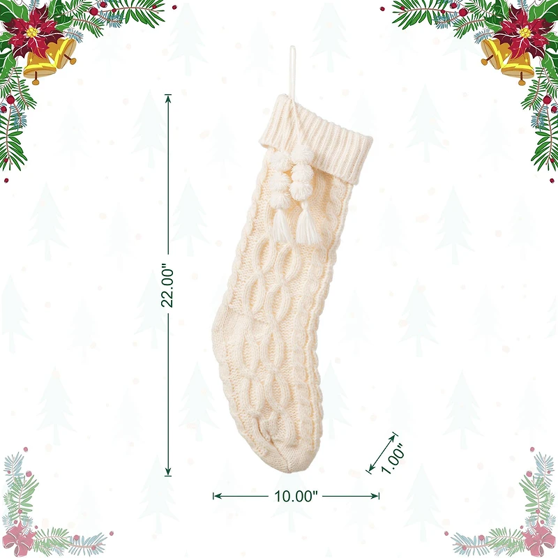 Glitzhome® 22"L White Knitted Christmas Stocking with Pom-Pom Tassel